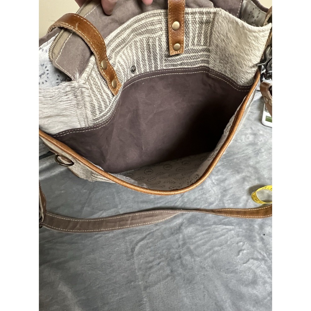 Myra Mixed Media Large Tote Canvas & Leather Cowhide Crossbody Boho Work Bag - Picture 8 of 16